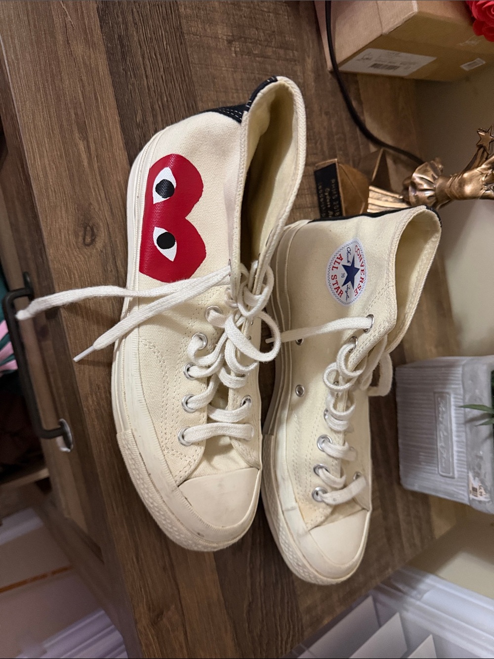 Comme des Garcons - Converse Cream Canvas High Top Sneakers with Red Heart